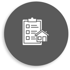 Clipboard and house icon on gray circle.