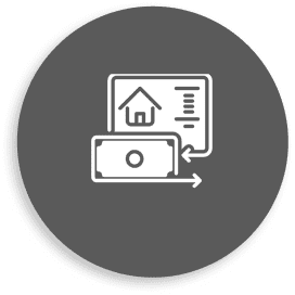 House, document, and money exchange icon.