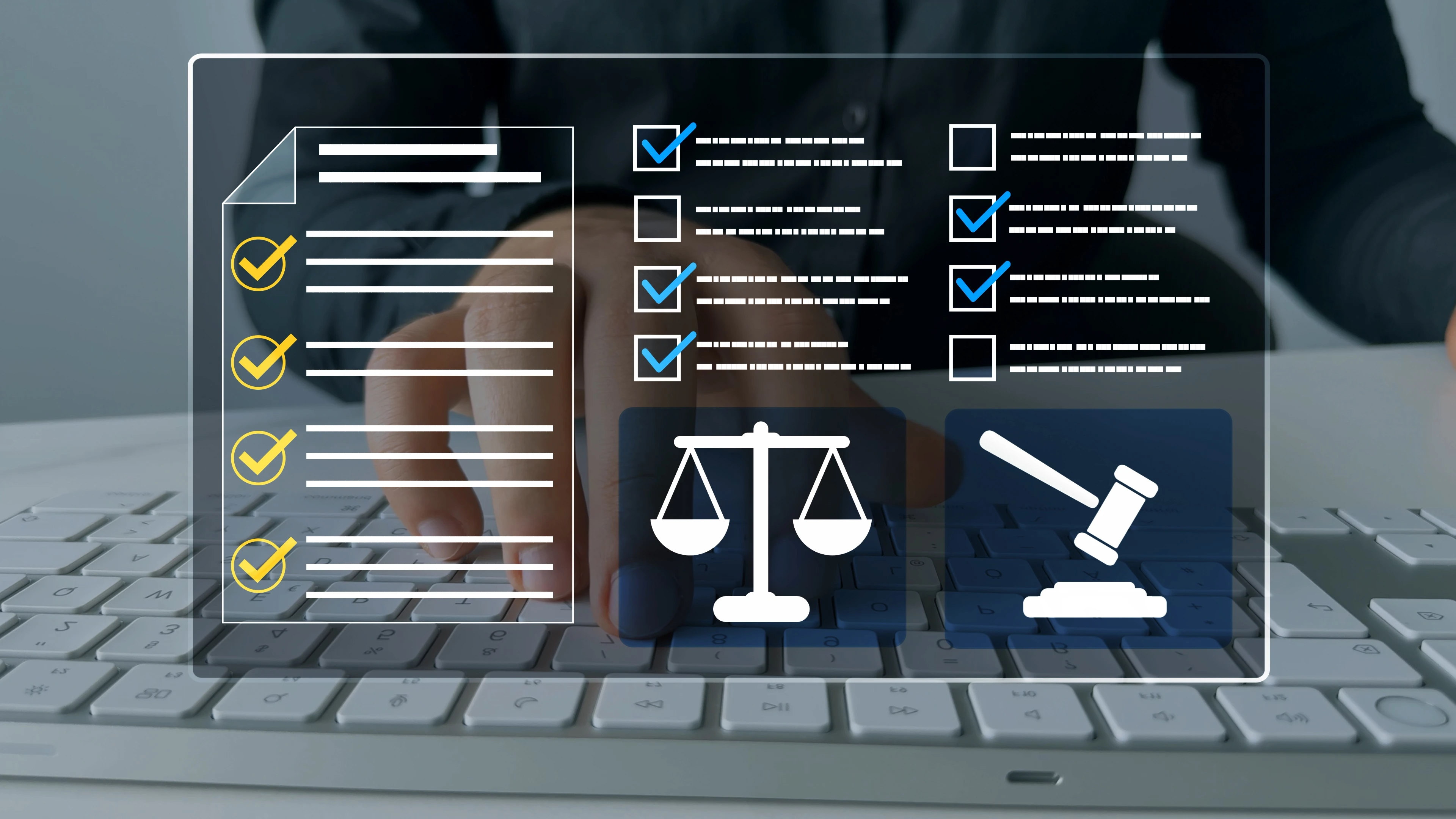 Checklist and justice icons over keyboard.