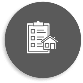 Clipboard and house icon on gray circle.
