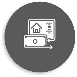House, document, and money exchange icon.