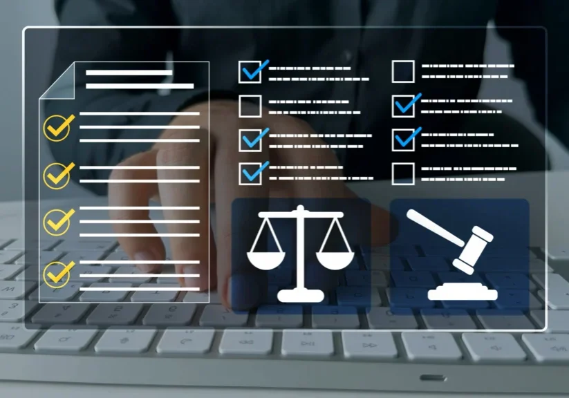 Checklist and justice icons over keyboard.